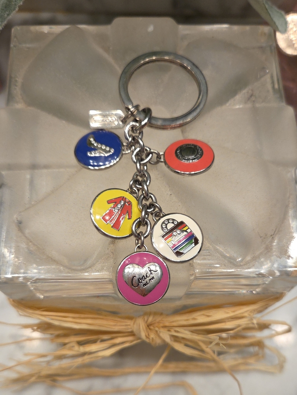 EUC Coach Multicolor Enamel Charm Key Ring with Pink Heart